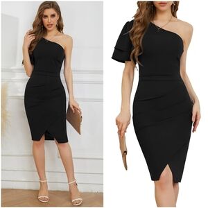 NWOT Nipami Black One Shoulder Holiday Ruffle Ruched Midi Mini Dress XS